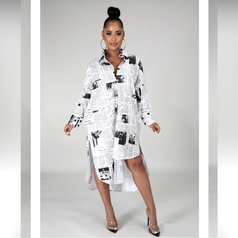 NWT Off The Chic Newspaper Print Style Button Down Dress | Oversized